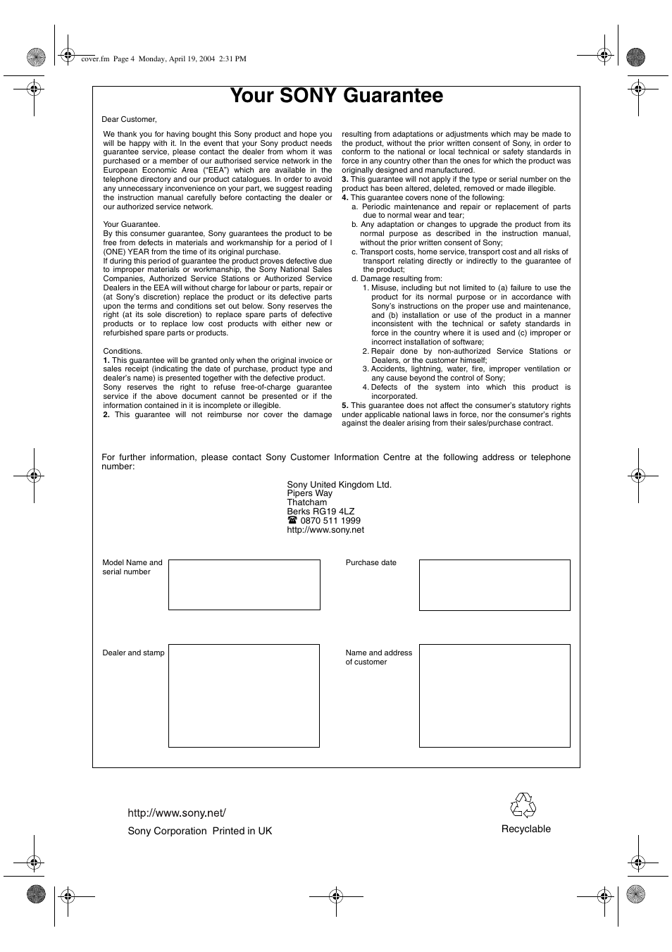 Your sony guarantee | Sony VTX-D800U User Manual | Page 28 / 28