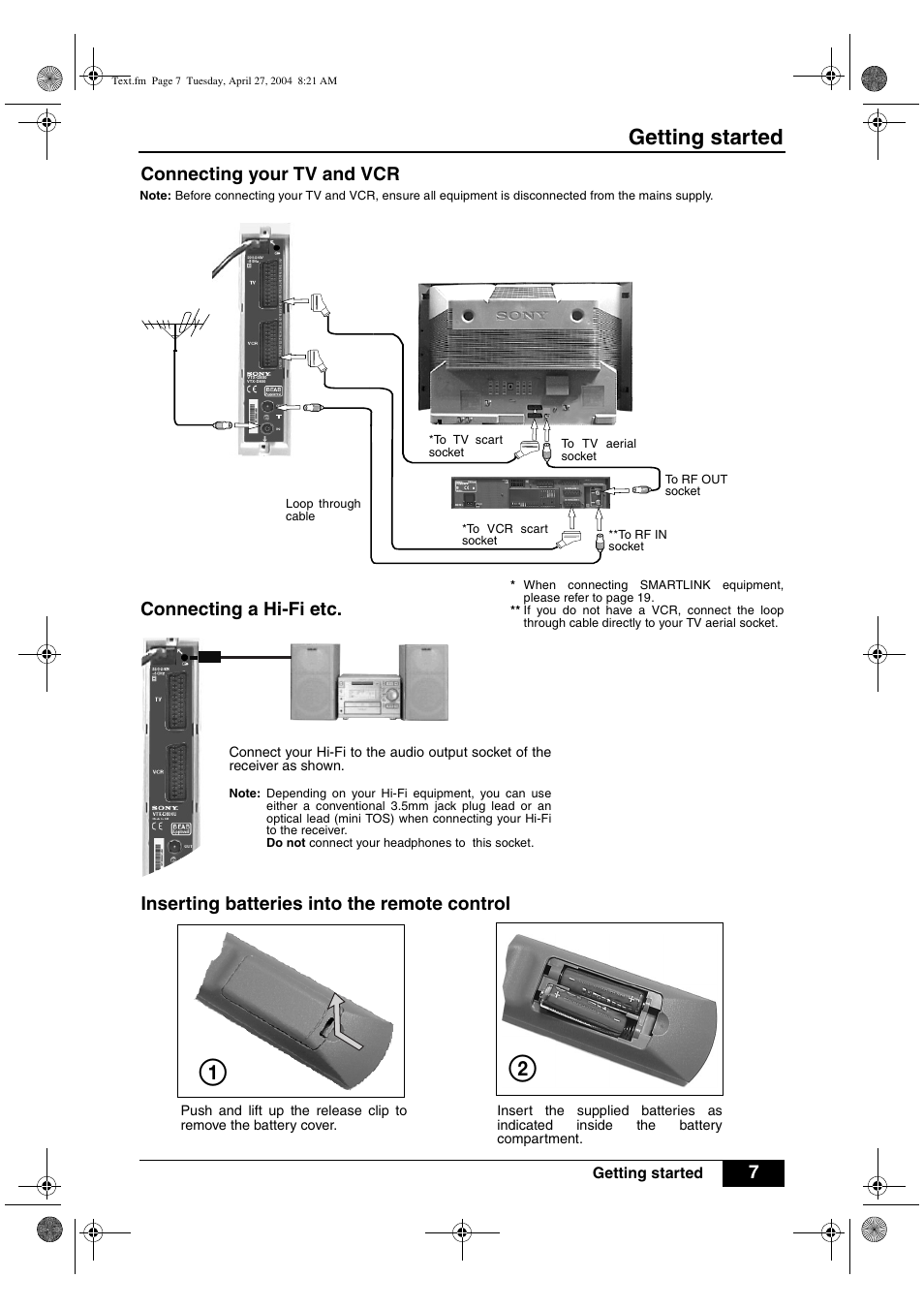 Getting started, Connecting a hi-fi etc | Sony VTX-D800U User Manual | Page 9 / 28