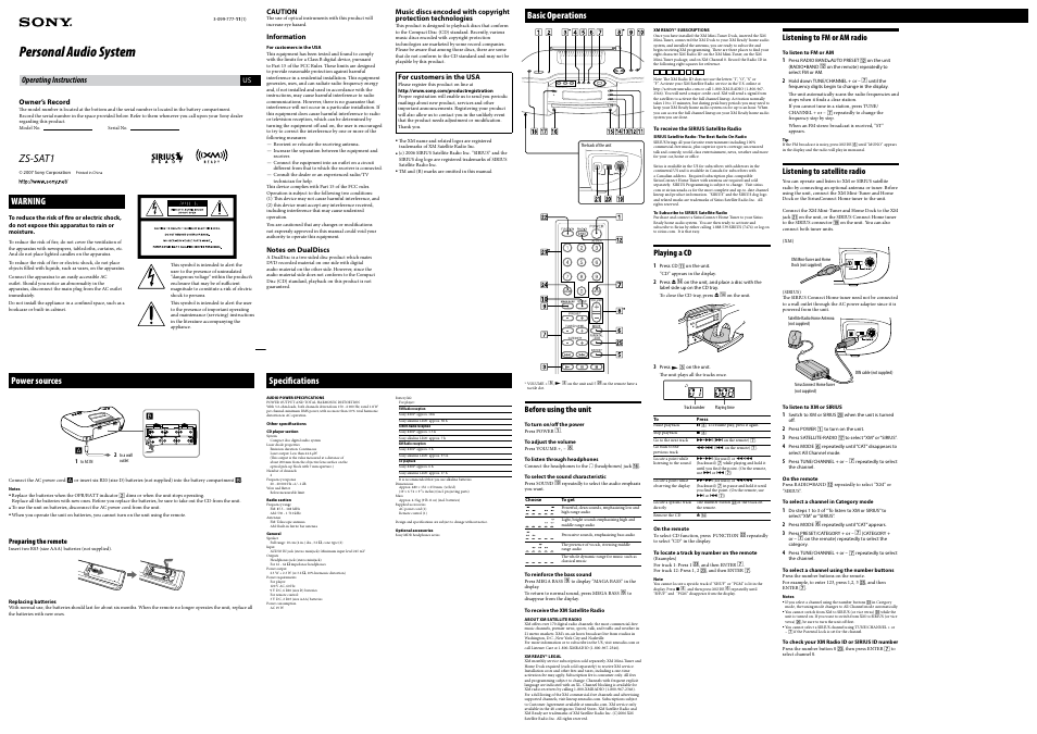 Sony ZS-SAT1 User Manual | 2 pages
