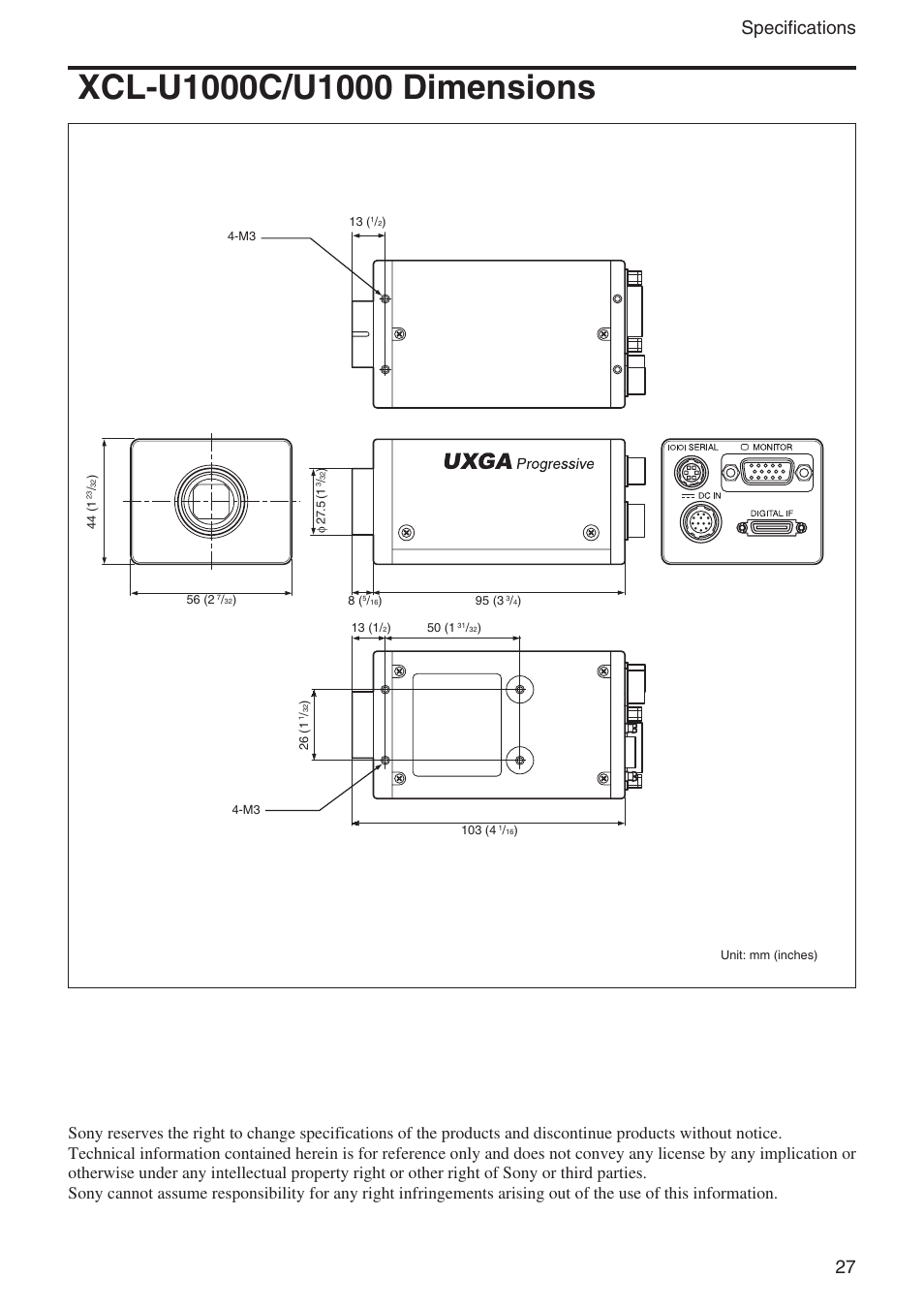 Xcl-u1000c/u1000 dimensions, 27 specifications | Sony XCL-U1000 User Manual | Page 27 / 27
