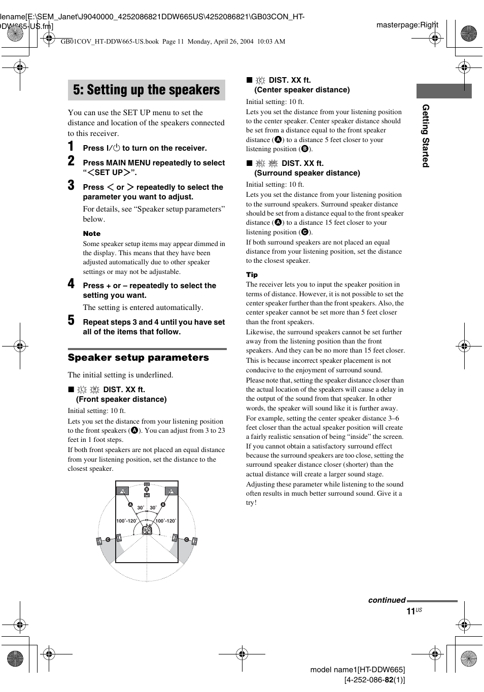 Setting up the speakers, Speaker setup parameters | Sony HT-DDW665 User Manual | Page 11 / 36