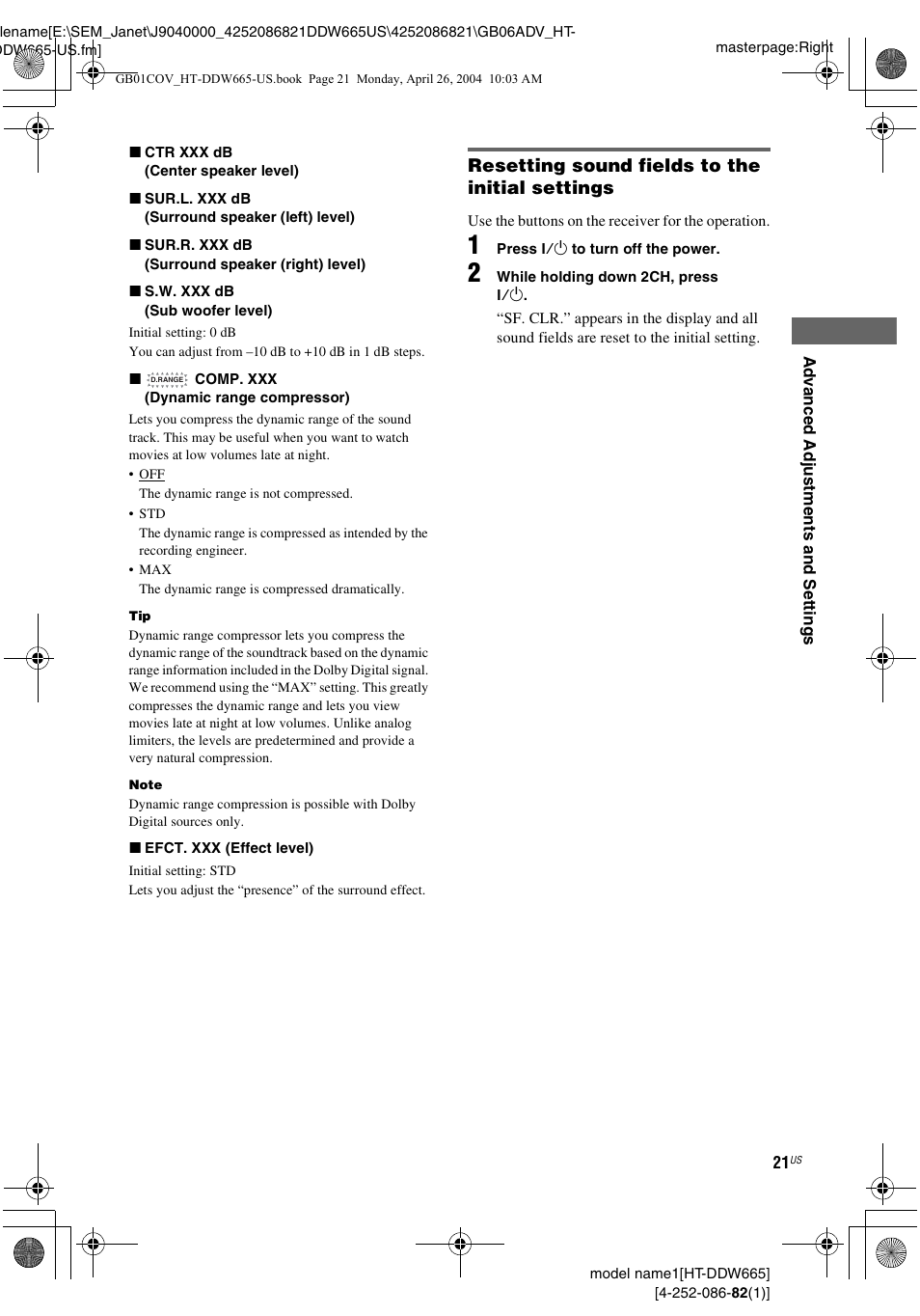 Resetting sound fields to the initial settings | Sony HT-DDW665 User Manual | Page 21 / 36