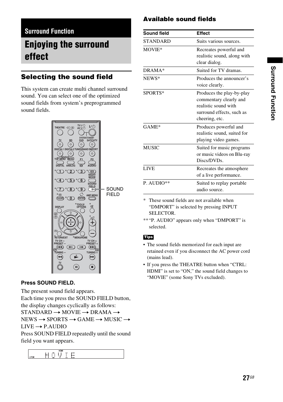Surround function, Enjoying the surround effect, Selecting the sound field | Surr ou nd fu ncti on, Available sound fields, Press sound field | Sony HT-FS3 User Manual | Page 27 / 68