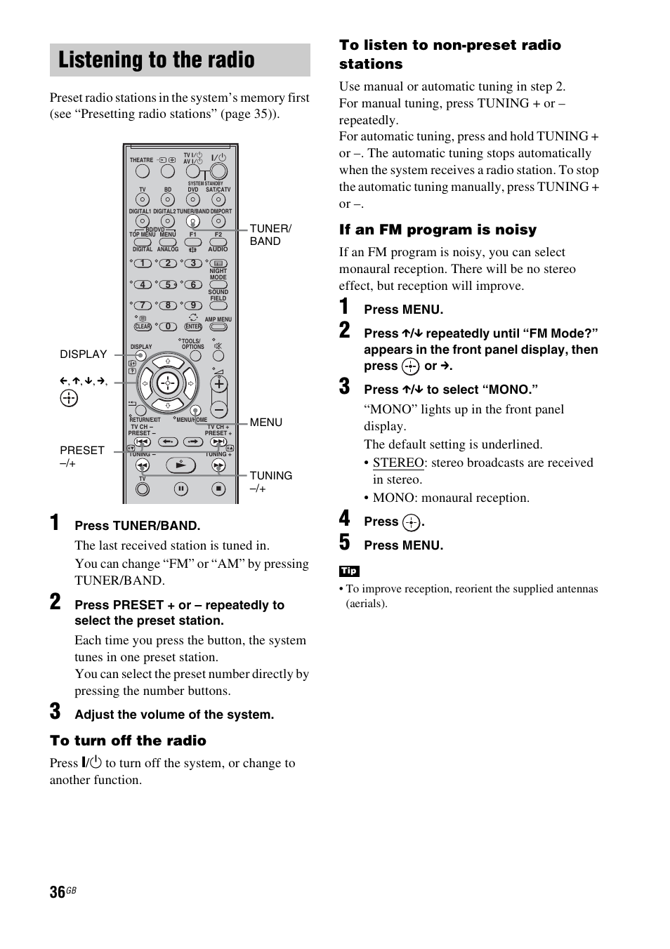 Listening to the radio, Ono (36), If an fm program is noisy | Sony HT-FS3 User Manual | Page 36 / 68