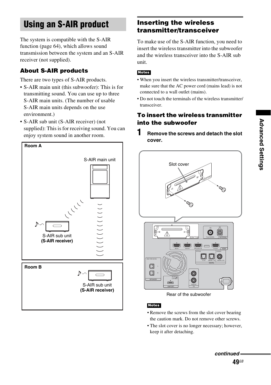 Using an s-air product, Air (49), Inserting the wireless transmitter/transceiver | About s-air products, Remove the screws and detach the slot cover, Continued | Sony HT-FS3 User Manual | Page 49 / 68