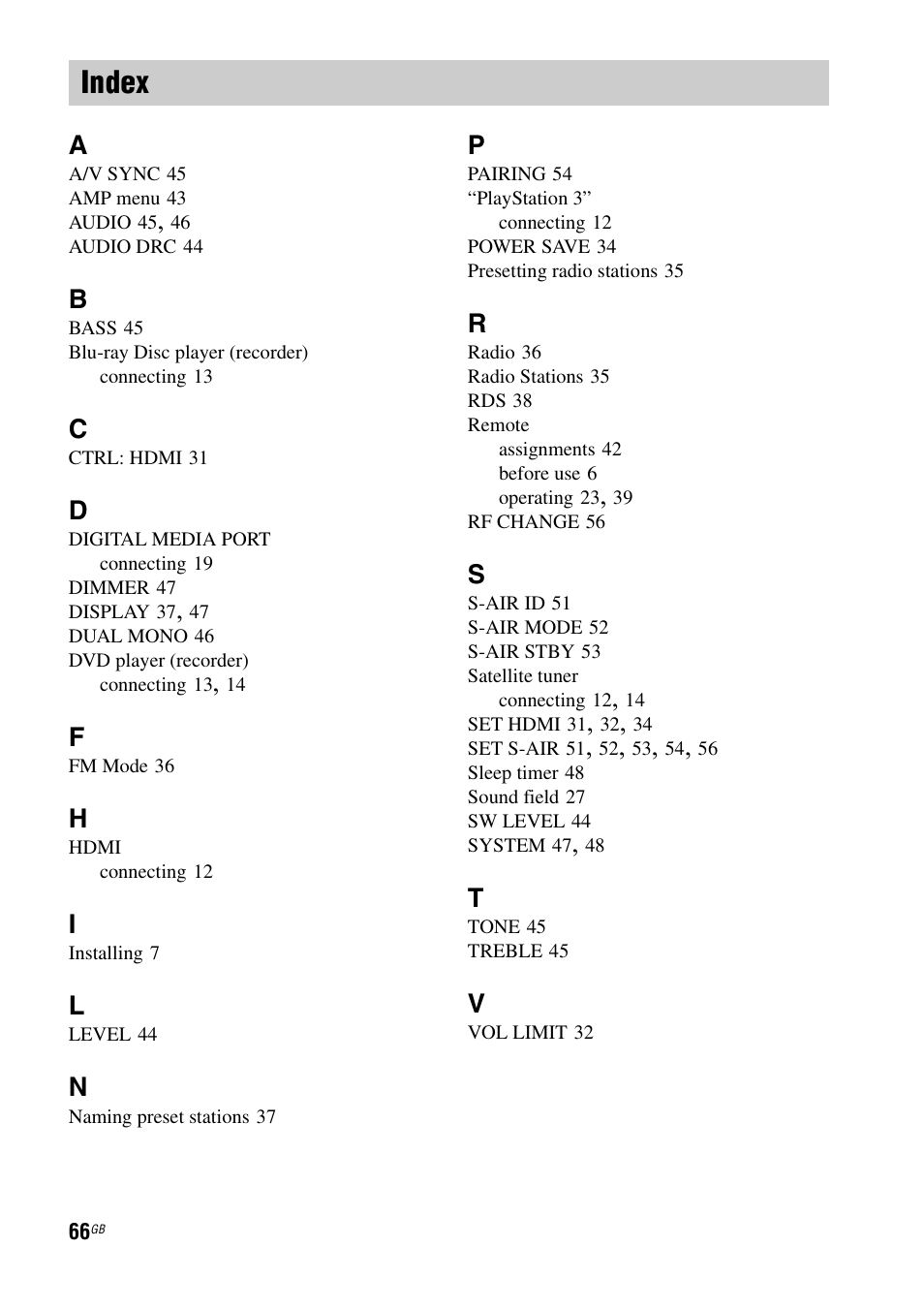 Index | Sony HT-FS3 User Manual | Page 66 / 68