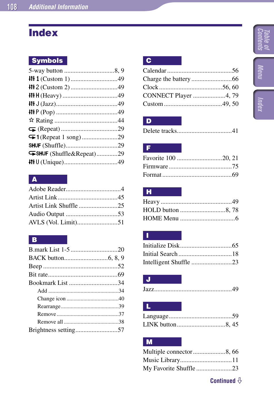 Index | Sony NW-A3000 Series User Manual | Page 108 / 109