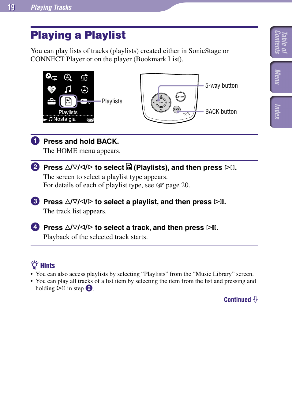 Playing a playlist | Sony NW-A3000 Series User Manual | Page 19 / 109