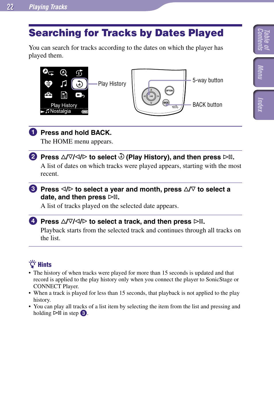 Searching for tracks by dates played | Sony NW-A3000 Series User Manual | Page 22 / 109
