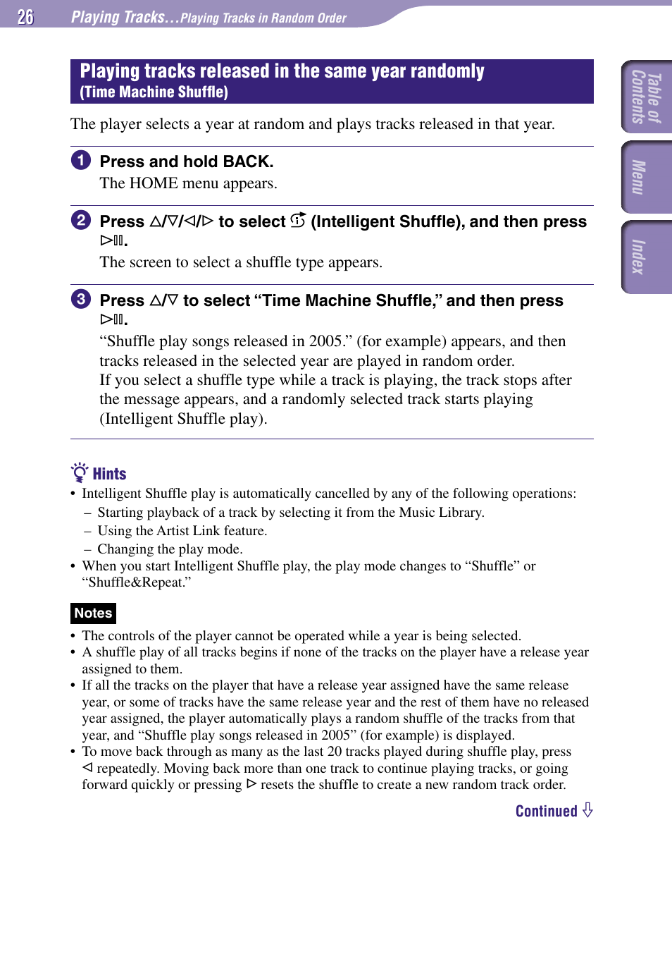 Playing tracks released in the same year, Randomly (time machine shufﬂe), Playing tracks released in the same year randomly | Sony NW-A3000 Series User Manual | Page 26 / 109