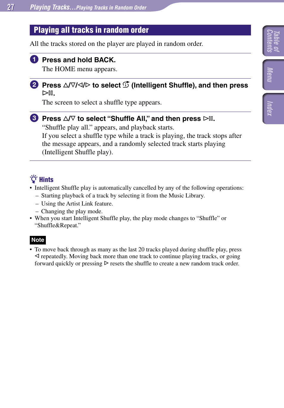 Playing all tracks in random order | Sony NW-A3000 Series User Manual | Page 27 / 109