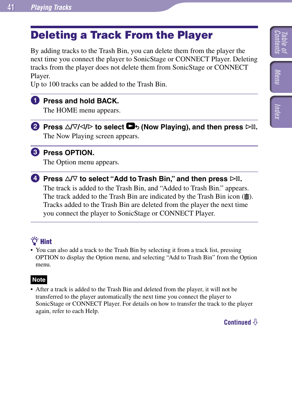 Deleting a track from the player | Sony NW-A3000 Series User Manual | Page 41 / 109