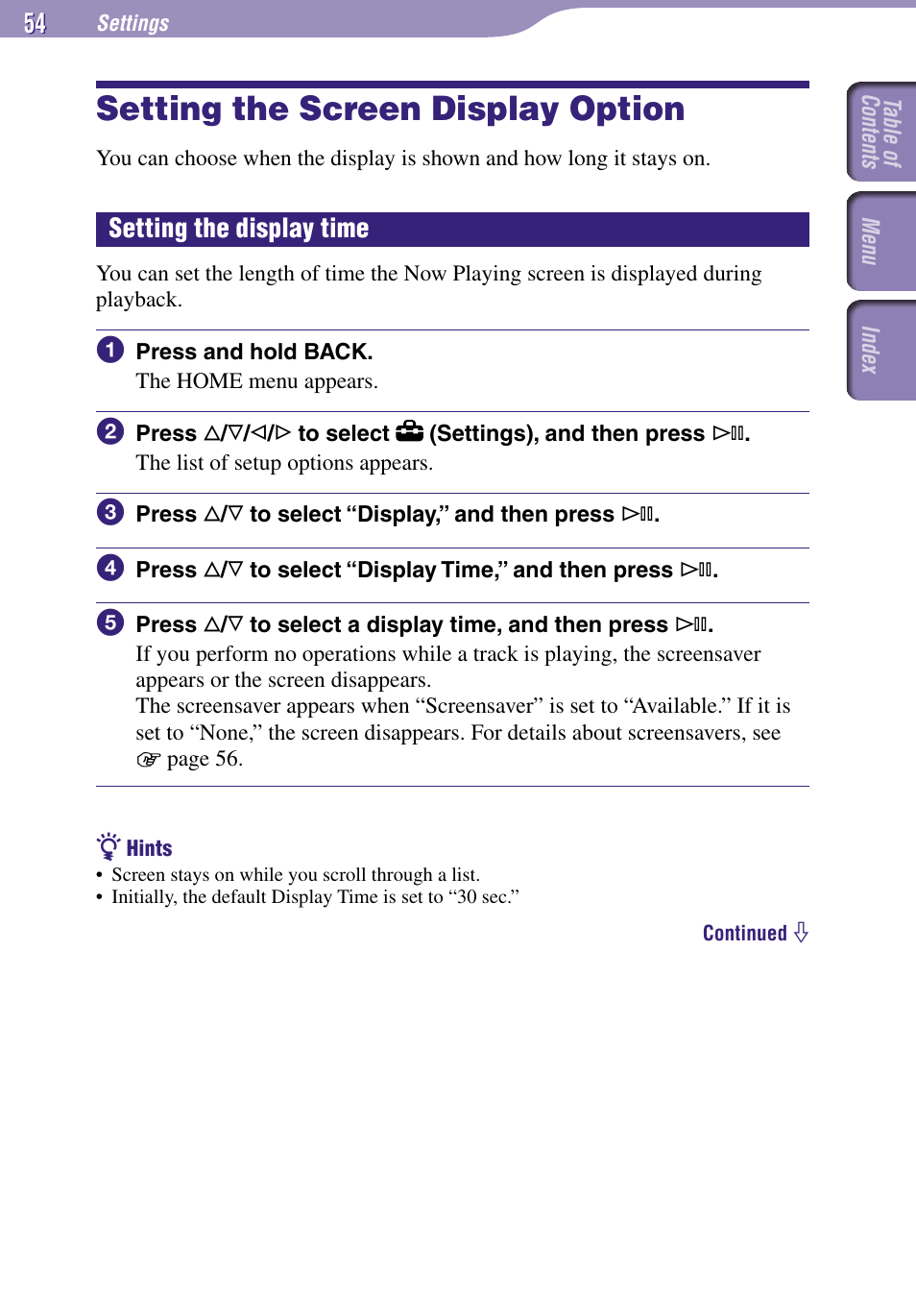 Setting the screen display option, Setting the display time | Sony NW-A3000 Series User Manual | Page 54 / 109