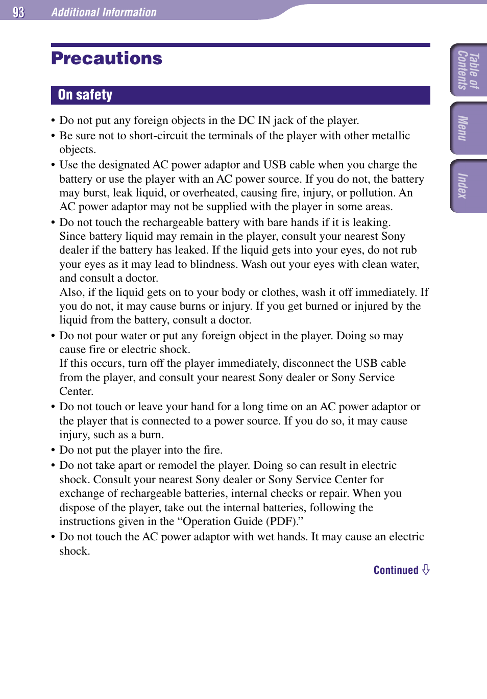 Precautions, On safety | Sony NW-A3000 Series User Manual | Page 93 / 109