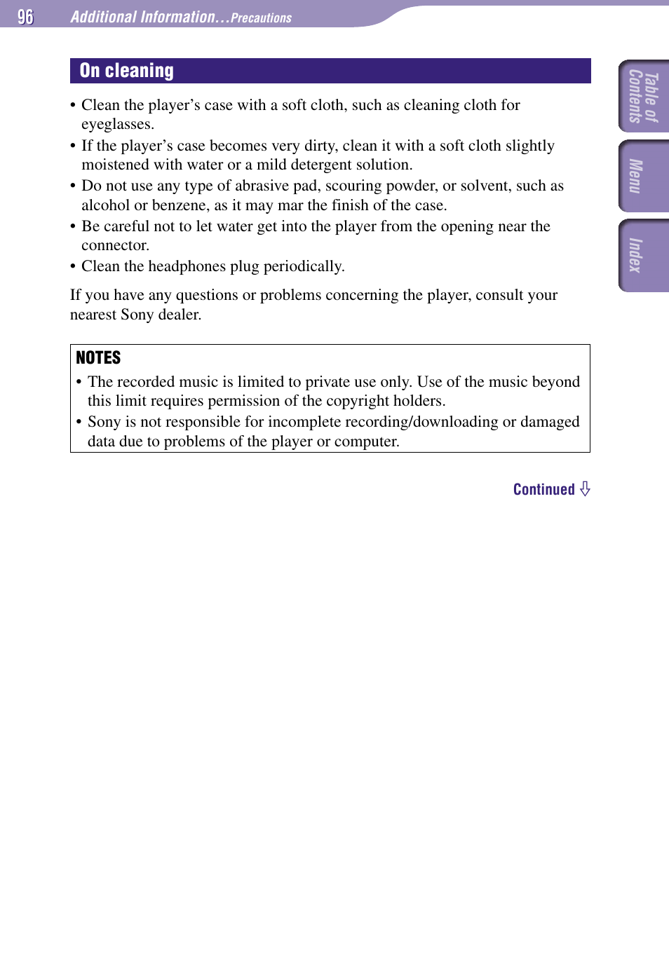 On cleaning | Sony NW-A3000 Series User Manual | Page 96 / 109