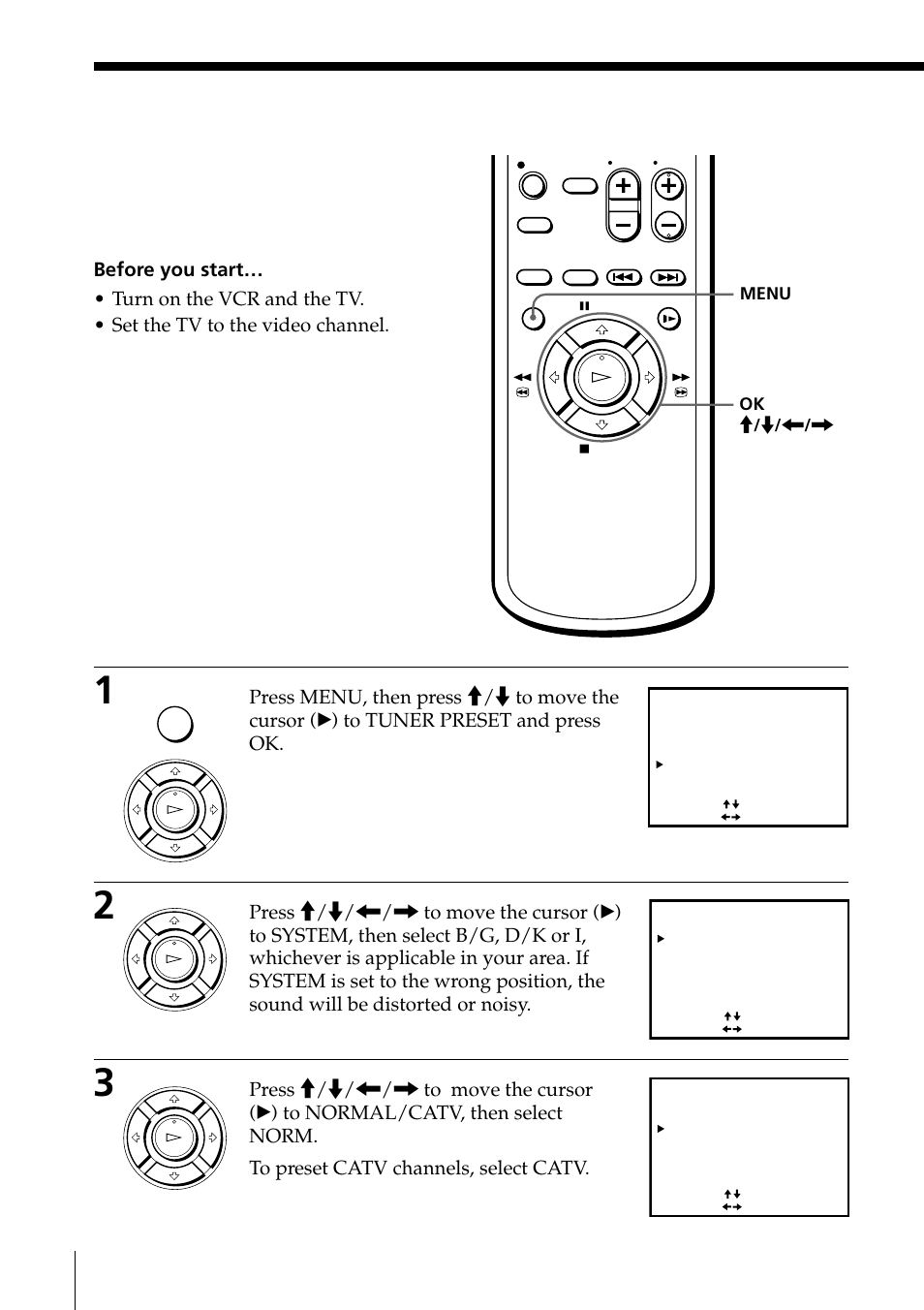 Presetting all receivable channels automatically, Step 6: presetting channels (continued), Getting started ok m / m / < / , menu | Sony SLV-ED85PS/TH User Manual | Page 12 / 59