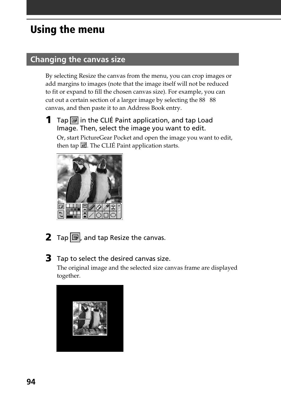 Using the menu, Changing the canvas size | Sony PEG-T665C User Manual | Page 94 / 208