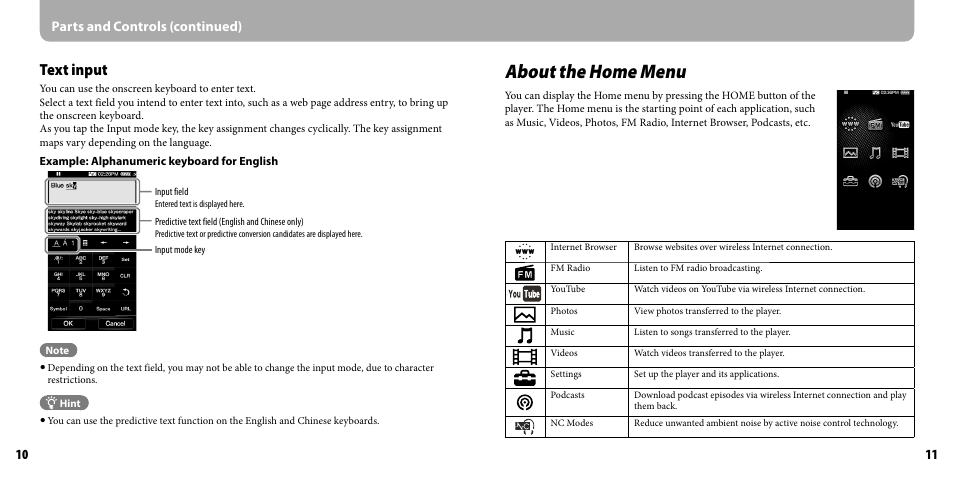 About the home menu, Text input, Parts and controls (continued) | Sony NWZ-X1050 User Manual | Page 6 / 16