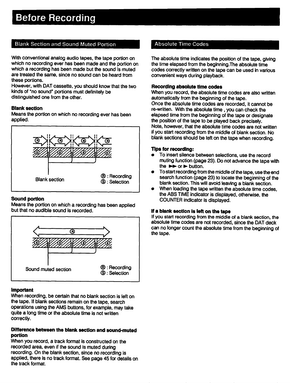 Before recording, Blank section, Sound portion | Important, Recording absolute time codes, Tips for recording, If a blank section is left on the tape | Sony DTC-57ES User Manual | Page 19 / 49