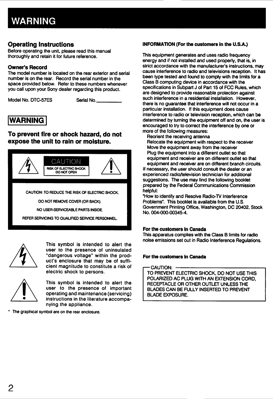 Warning, Owner's record, Information (for the customers in the u.s.a.) | For the customers in canada, Operating instructions | Sony DTC-57ES User Manual | Page 2 / 49