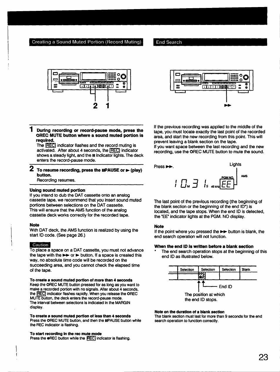 Using sound muted portion, Note, When the end id is written before a blank section | Creating a sound muted portion | Sony DTC-57ES User Manual | Page 23 / 49