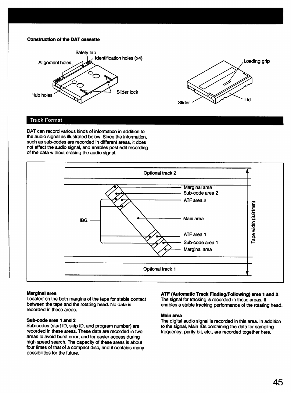 Construction of the dat cassette, Marginal area, Sub-code area 1 and 2 | Main area | Sony DTC-57ES User Manual | Page 45 / 49