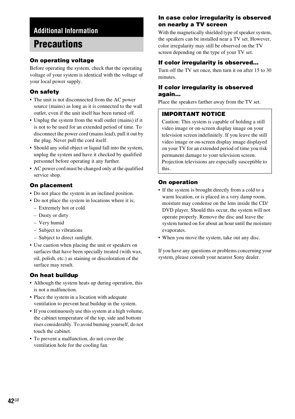 Additional information, Precautions | Sony CMT-DF1 User Manual | Page 42 / 52