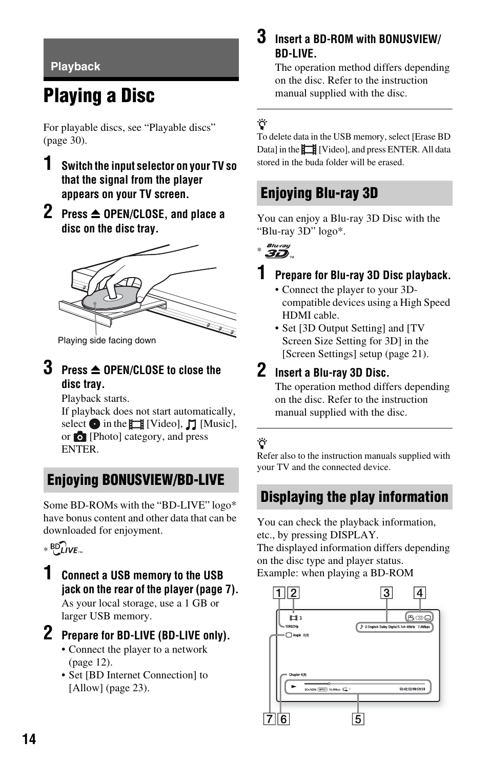 Playback, Playing a disc, Enjoying bonusview/bd-live | Sony BLU-RAY DISCTM BDP-S480 User Manual | Page 14 / 35