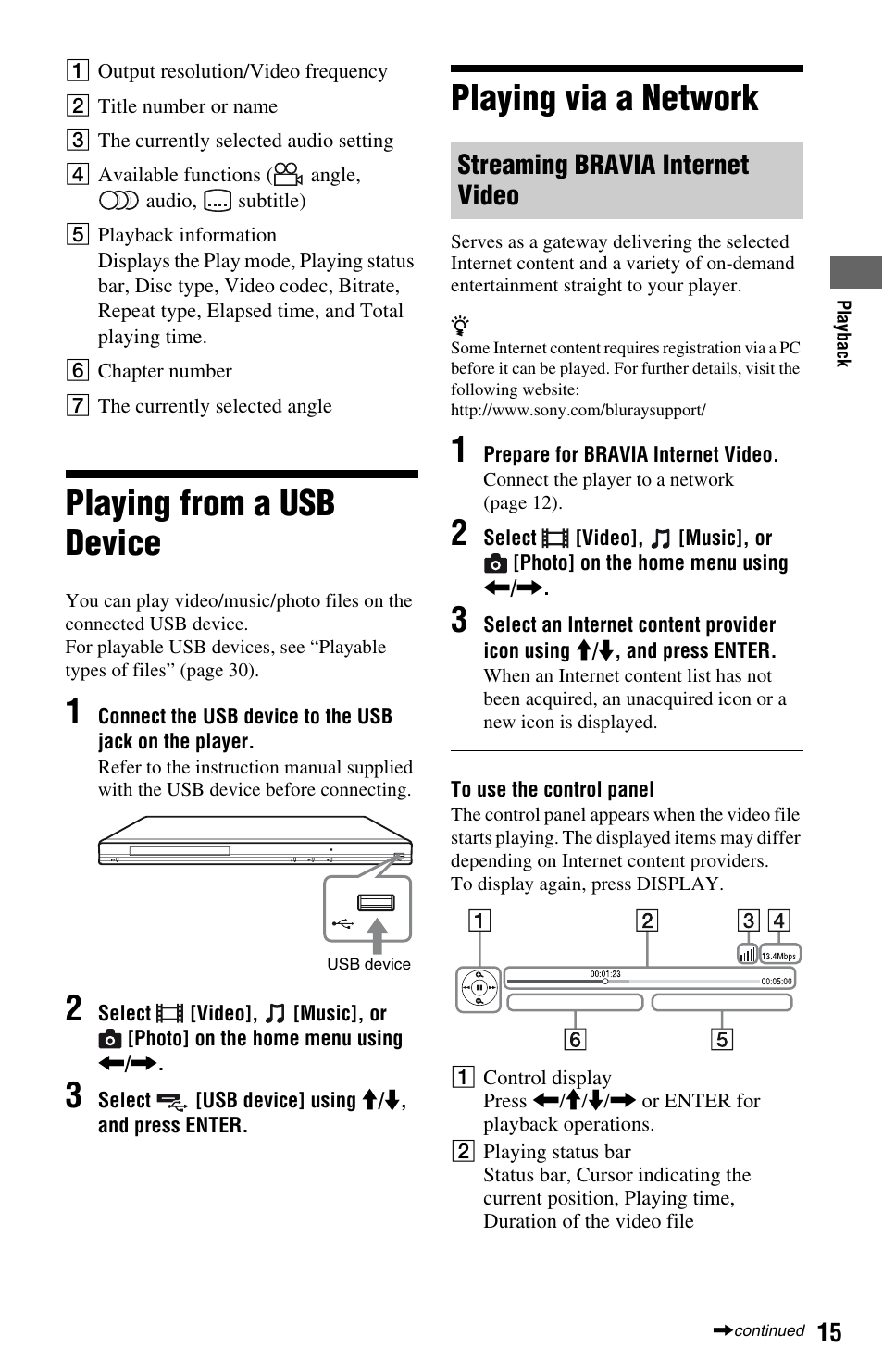 Playing from a usb device, Playing via a network, Playing from a usb device playing via a network | Streaming bravia internet video | Sony BLU-RAY DISCTM BDP-S480 User Manual | Page 15 / 35