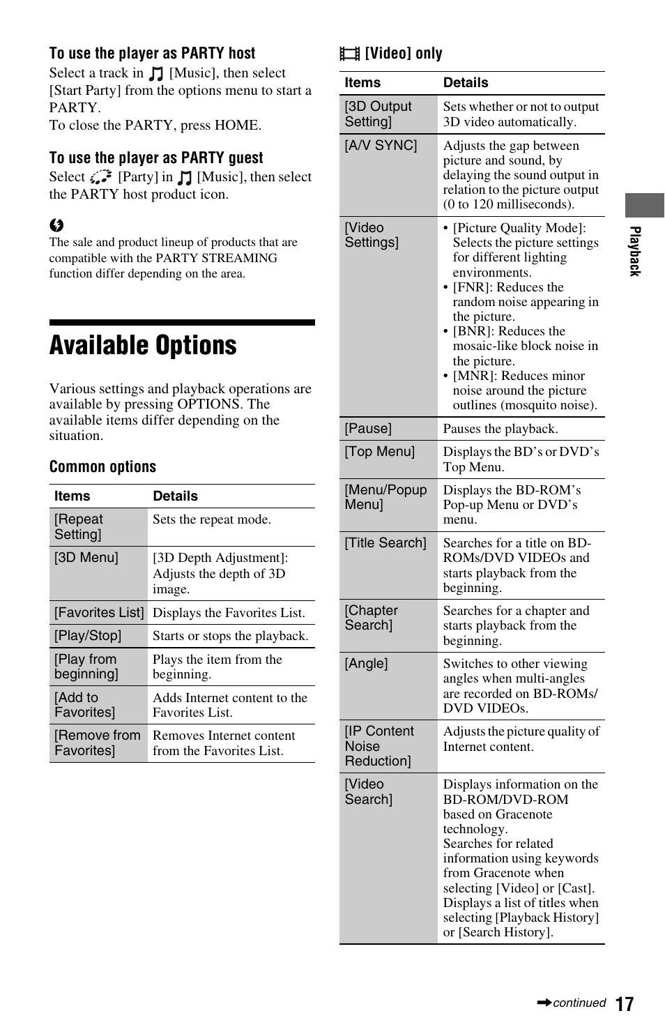 Available options | Sony BLU-RAY DISCTM BDP-S480 User Manual | Page 17 / 35