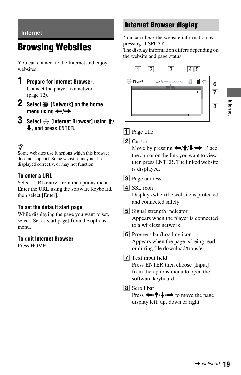 Internet, Browsing websites, Internet browser display | Sony BLU-RAY DISCTM BDP-S480 User Manual | Page 19 / 35