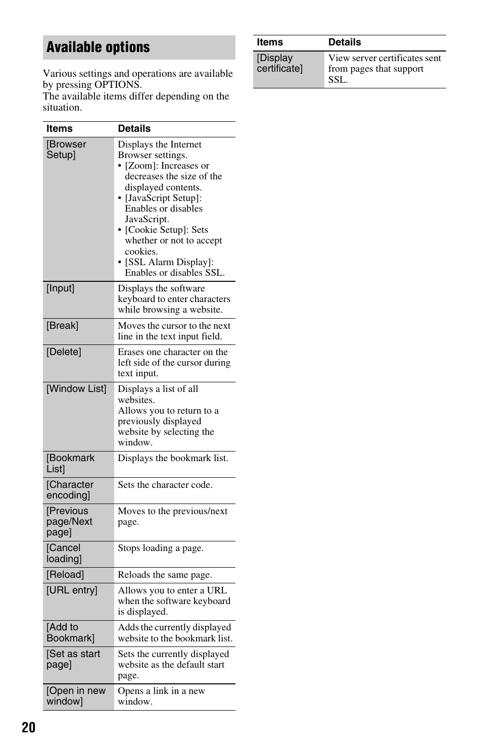 Available options | Sony BLU-RAY DISCTM BDP-S480 User Manual | Page 20 / 35