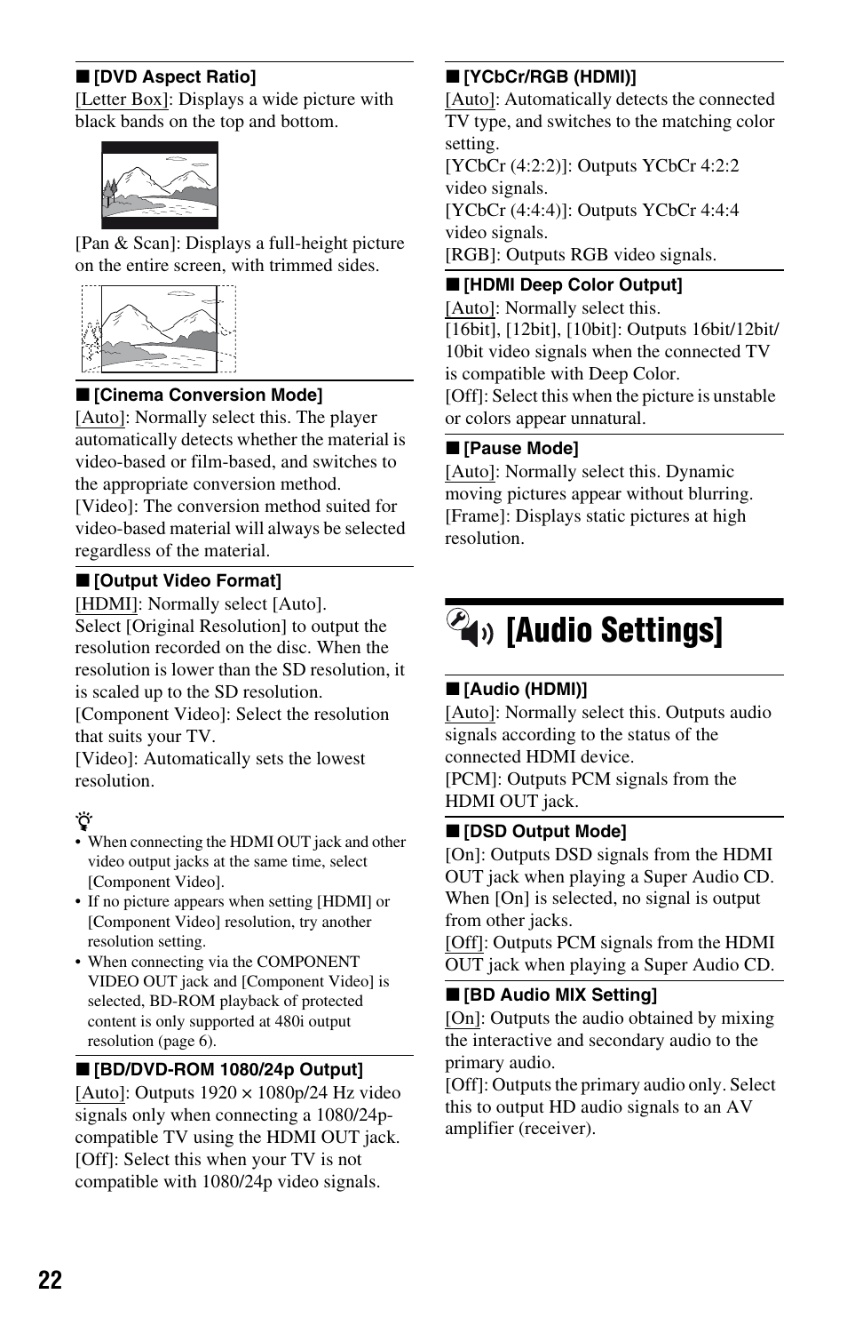 Audio settings | Sony BLU-RAY DISCTM BDP-S480 User Manual | Page 22 / 35