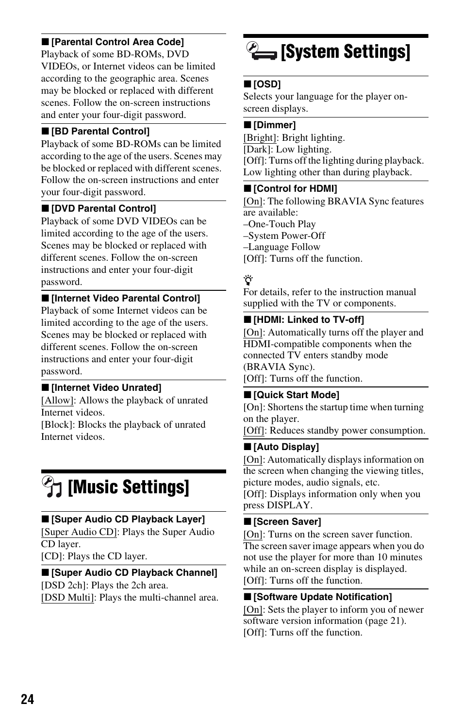 Music settings, System settings, Music settings] [system settings | Sony BLU-RAY DISCTM BDP-S480 User Manual | Page 24 / 35