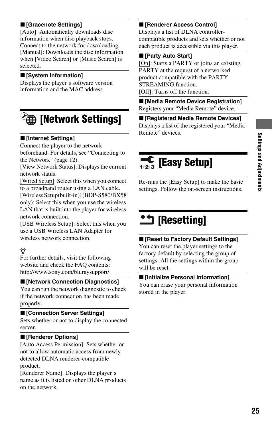 Network settings, Easy setup, Resetting | Network settings] [easy setup] [resetting | Sony BLU-RAY DISCTM BDP-S480 User Manual | Page 25 / 35