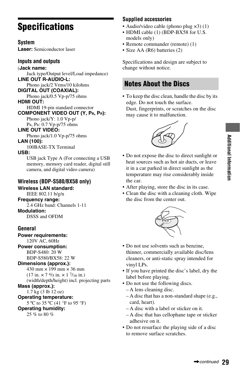 Specifications | Sony BLU-RAY DISCTM BDP-S480 User Manual | Page 29 / 35