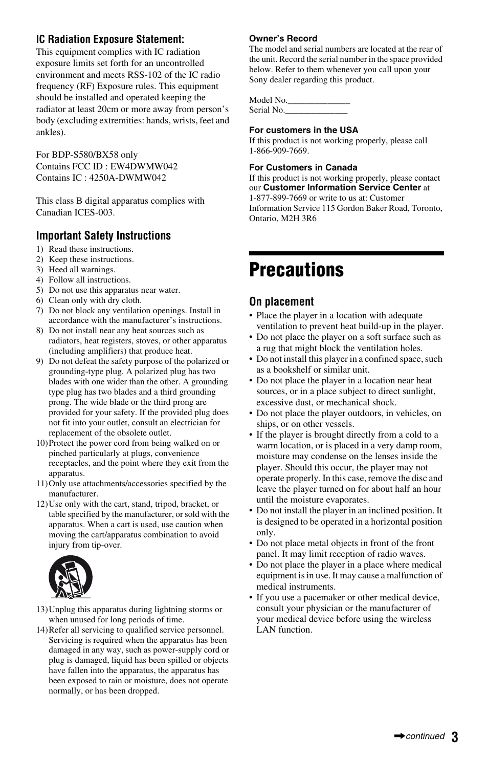 Precautions, Important safety instructions, On placement | Sony BLU-RAY DISCTM BDP-S480 User Manual | Page 3 / 35
