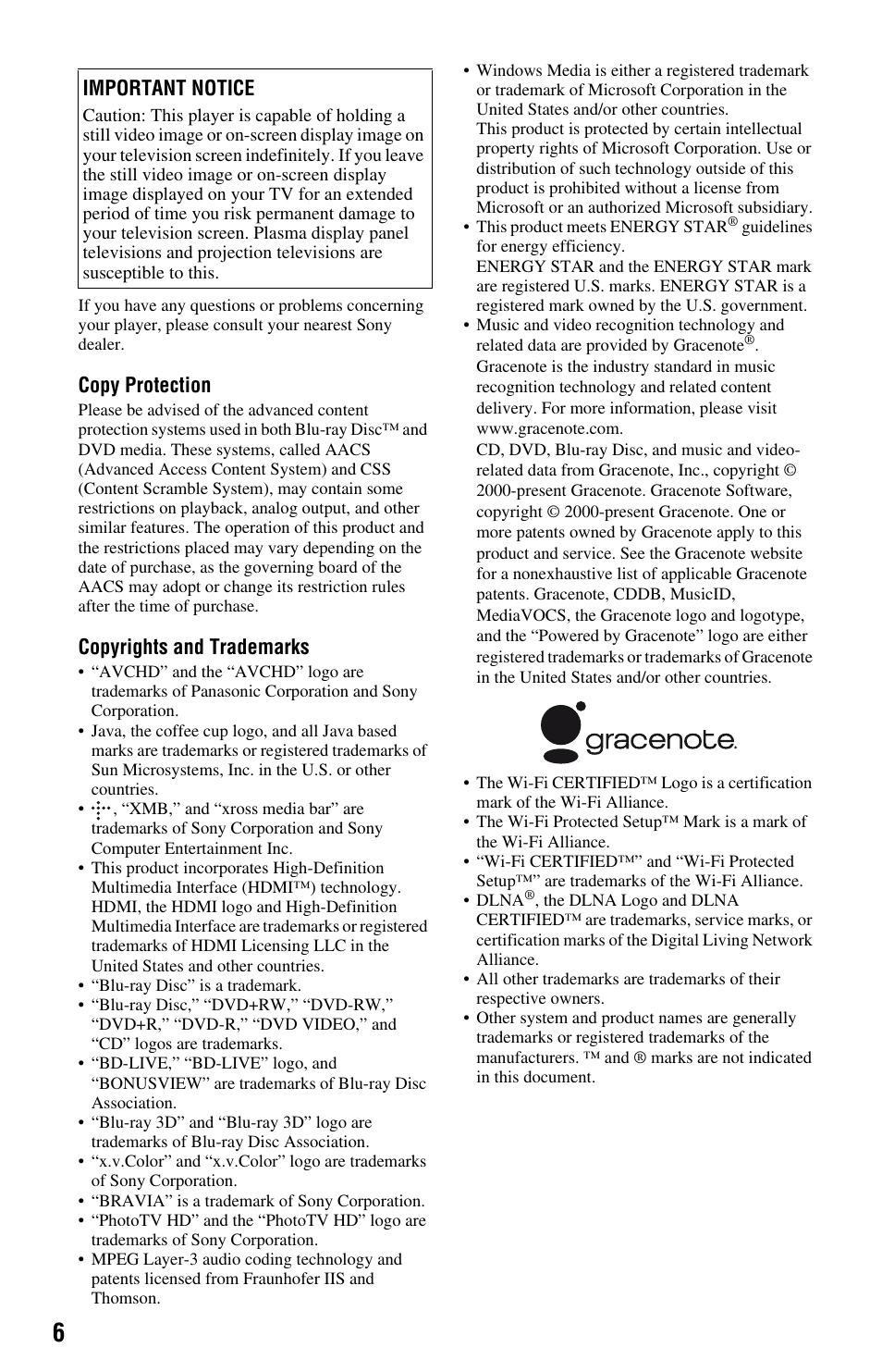 Copy protection, Copyrights and trademarks, Important notice | Sony BLU-RAY DISCTM BDP-S480 User Manual | Page 6 / 35