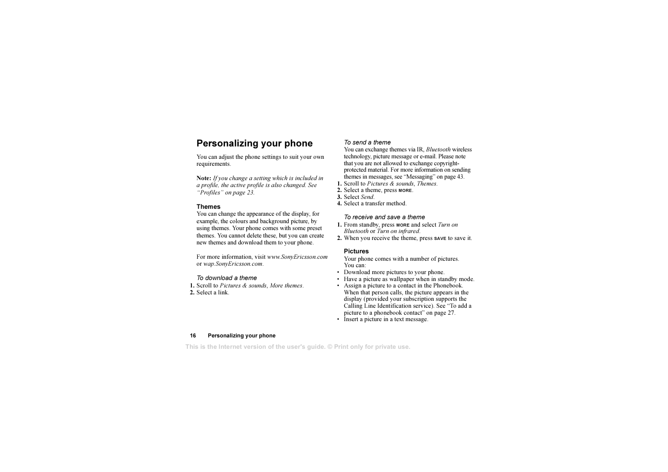 Personalizing your phone, Personalizing your phone 16 | Sony T610 User Manual | Page 16 / 95