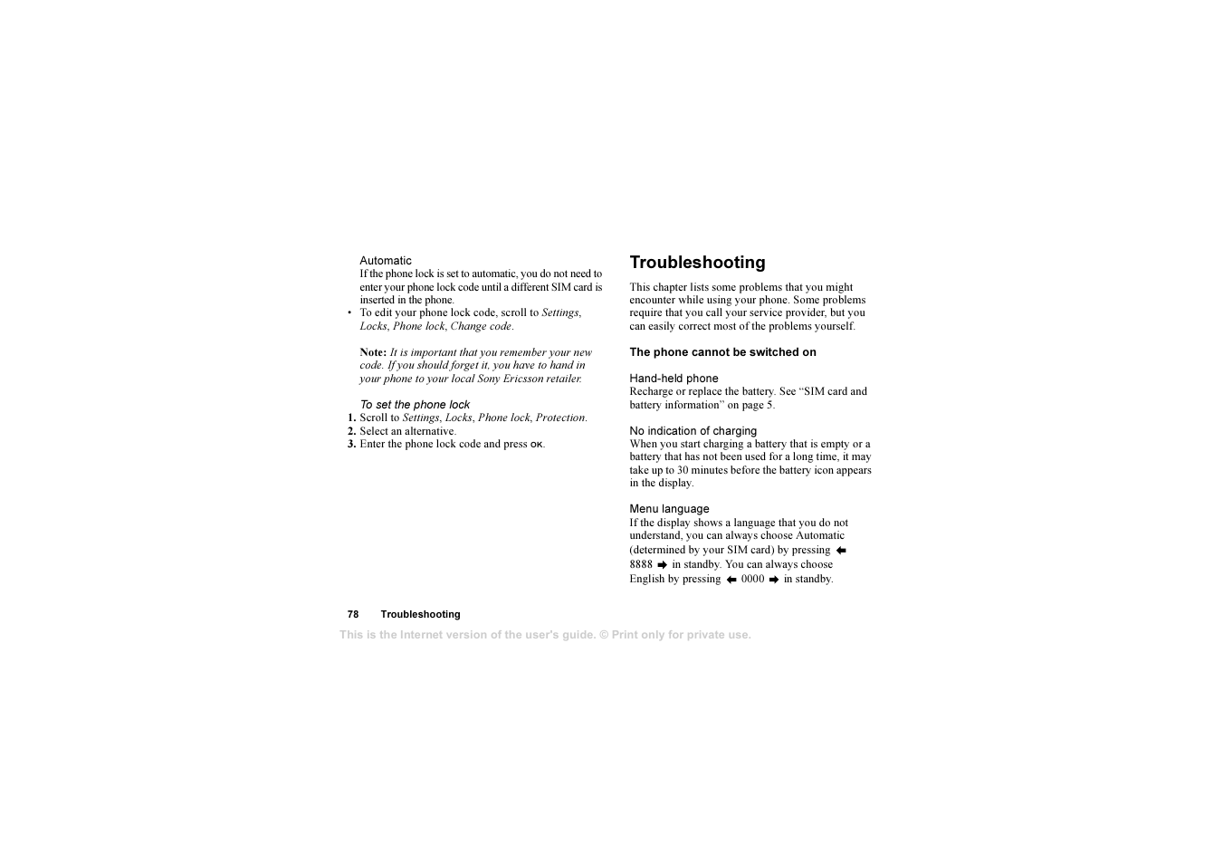 Troubleshooting, Troubleshooting 78 | Sony T610 User Manual | Page 78 / 95