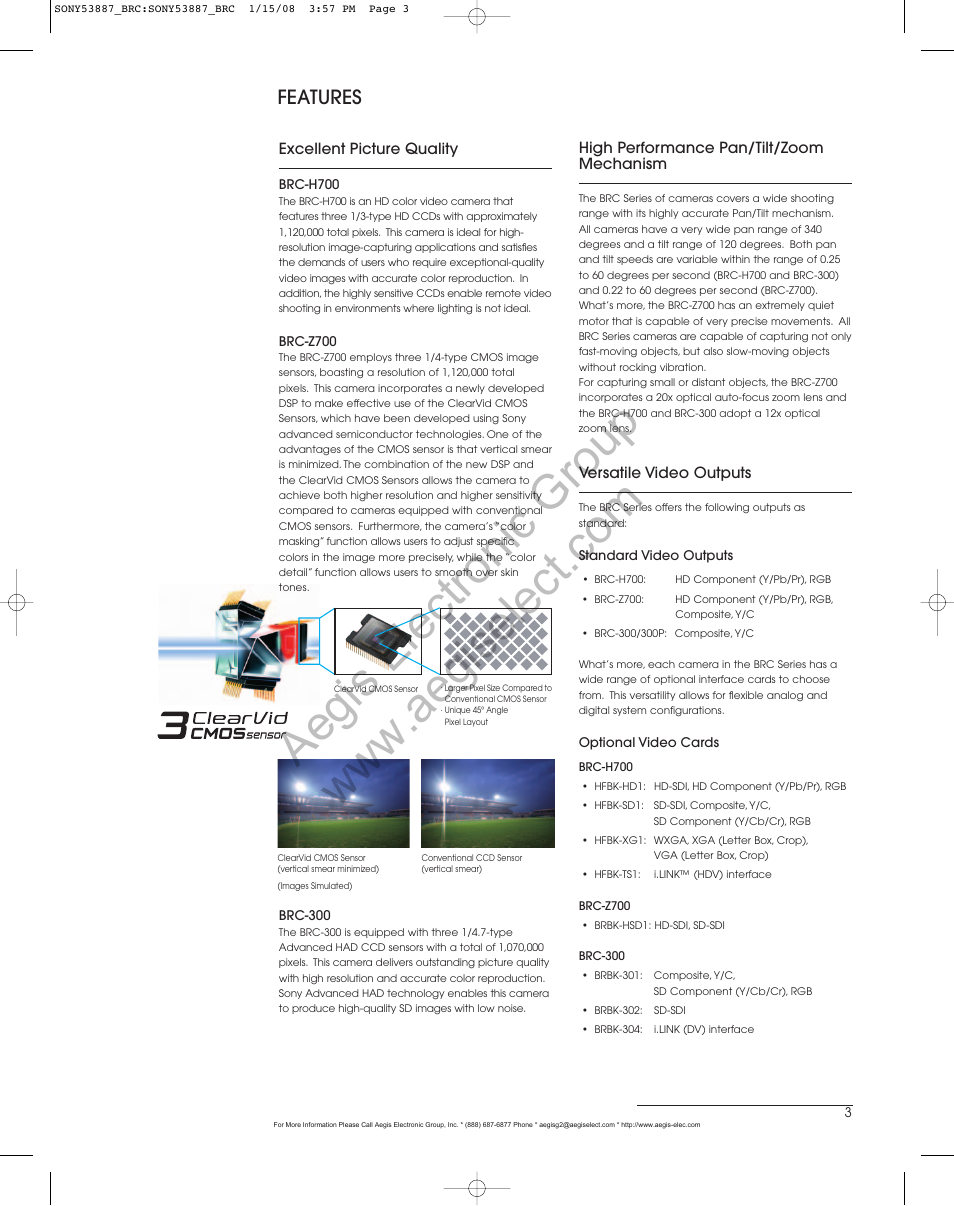 Features, Excellent picture quality, High performance pan/tilt/zoom mechanism | Versatile video outputs | Sony BRC-H700 User Manual | Page 3 / 8
