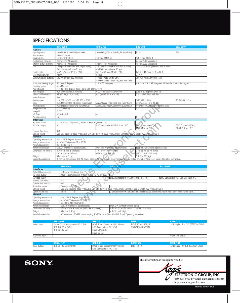 Specifications | Sony BRC-H700 User Manual | Page 8 / 8