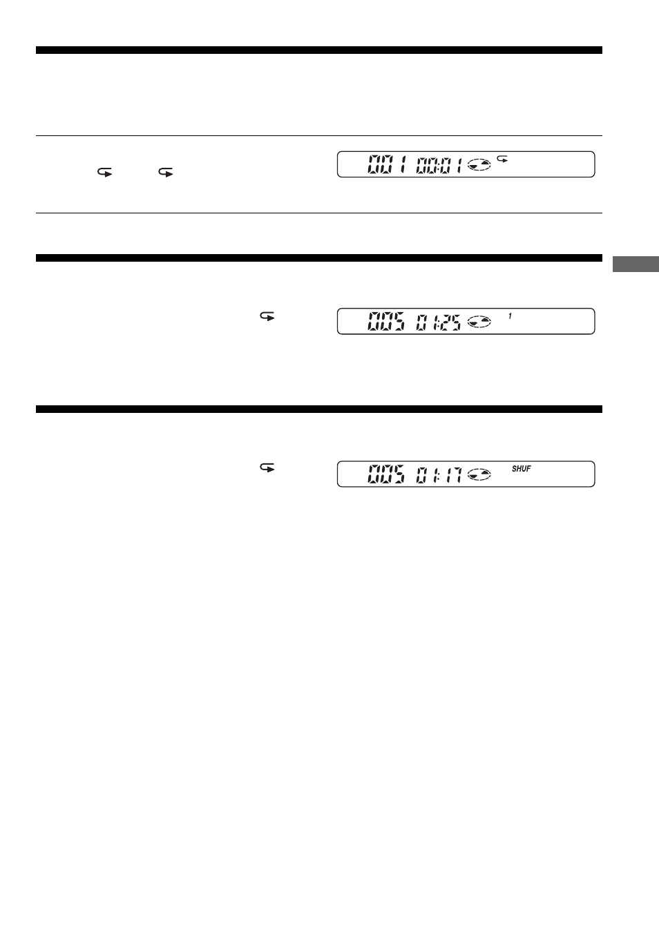 Playing tracks repeatedly (repeat play), Playing a single track (single play), Playing tracks in random order (shuffle play) | Playing tracks in random order, Shuffle play), Playing tracks repeatedly, Playing a single track | Sony D-EJ885 User Manual | Page 11 / 32