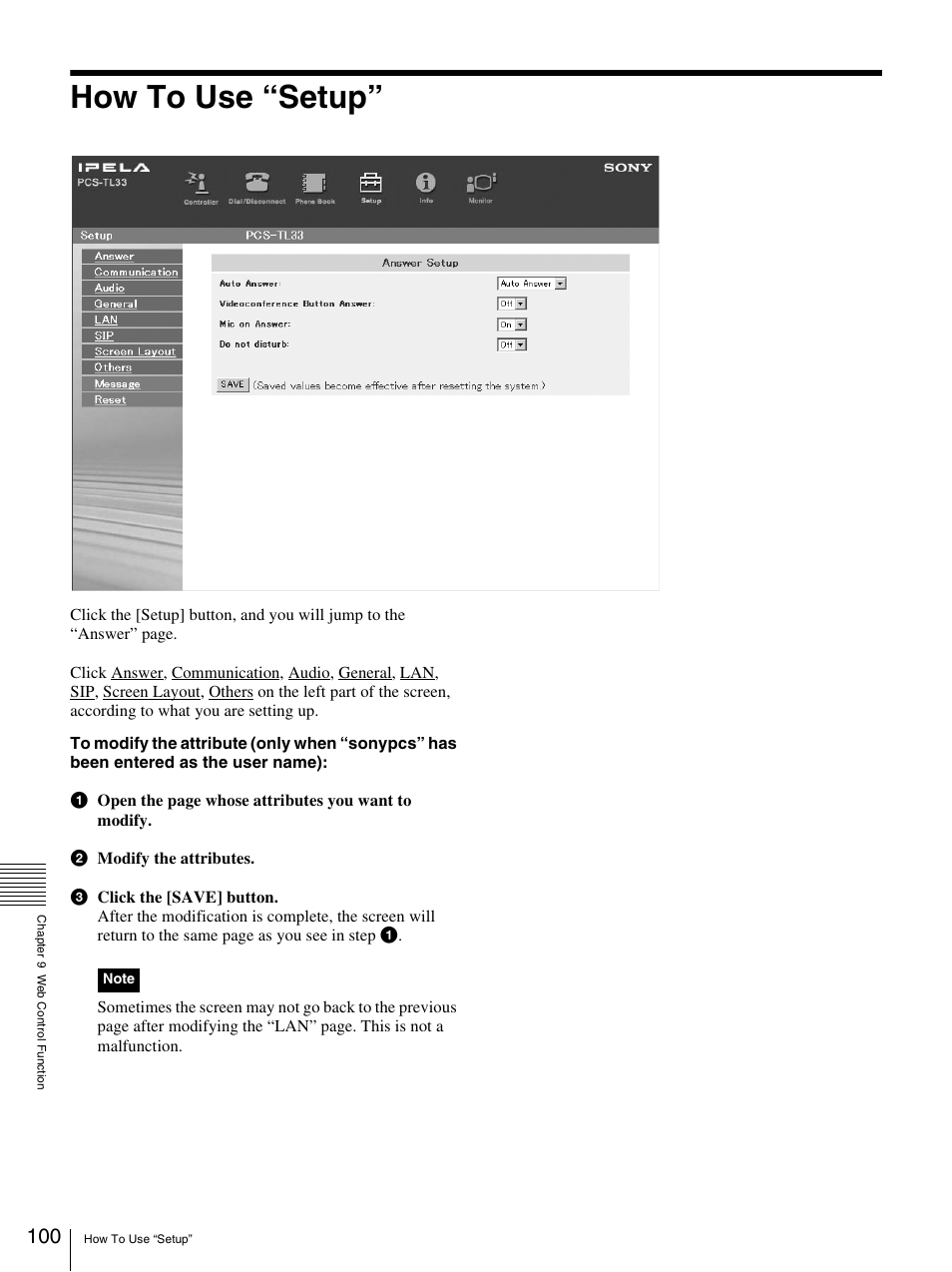 How to use “setup | Sony PCS-TL33 User Manual | Page 100 / 129