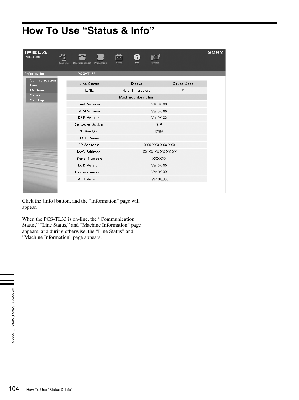 How to use “status & info | Sony PCS-TL33 User Manual | Page 104 / 129