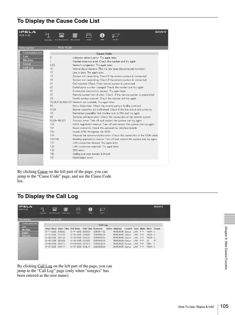 To display the cause code list, To display the call log | Sony PCS-TL33 User Manual | Page 105 / 129
