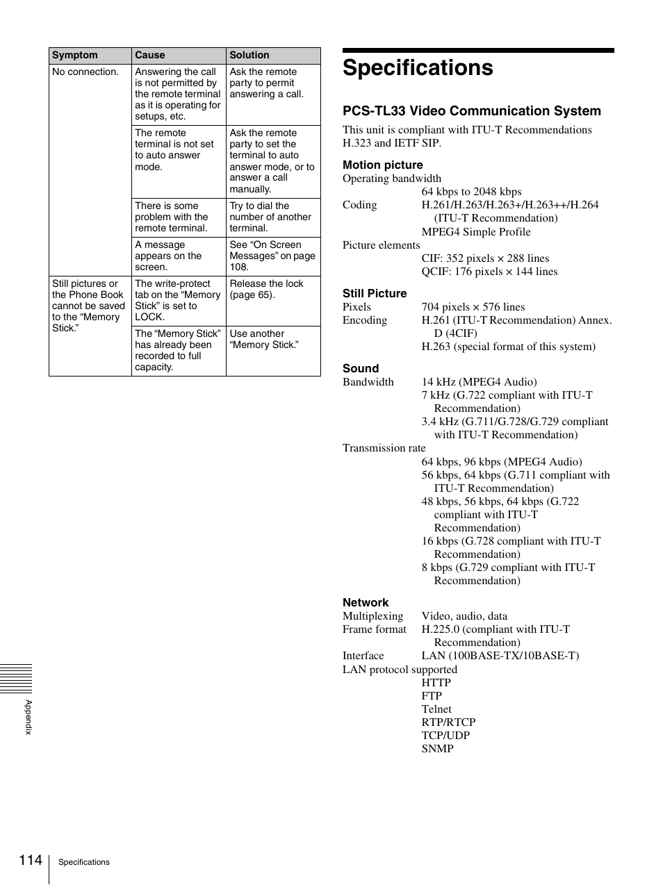 Specifications, Pcs-tl33 video communication system | Sony PCS-TL33 User Manual | Page 114 / 129
