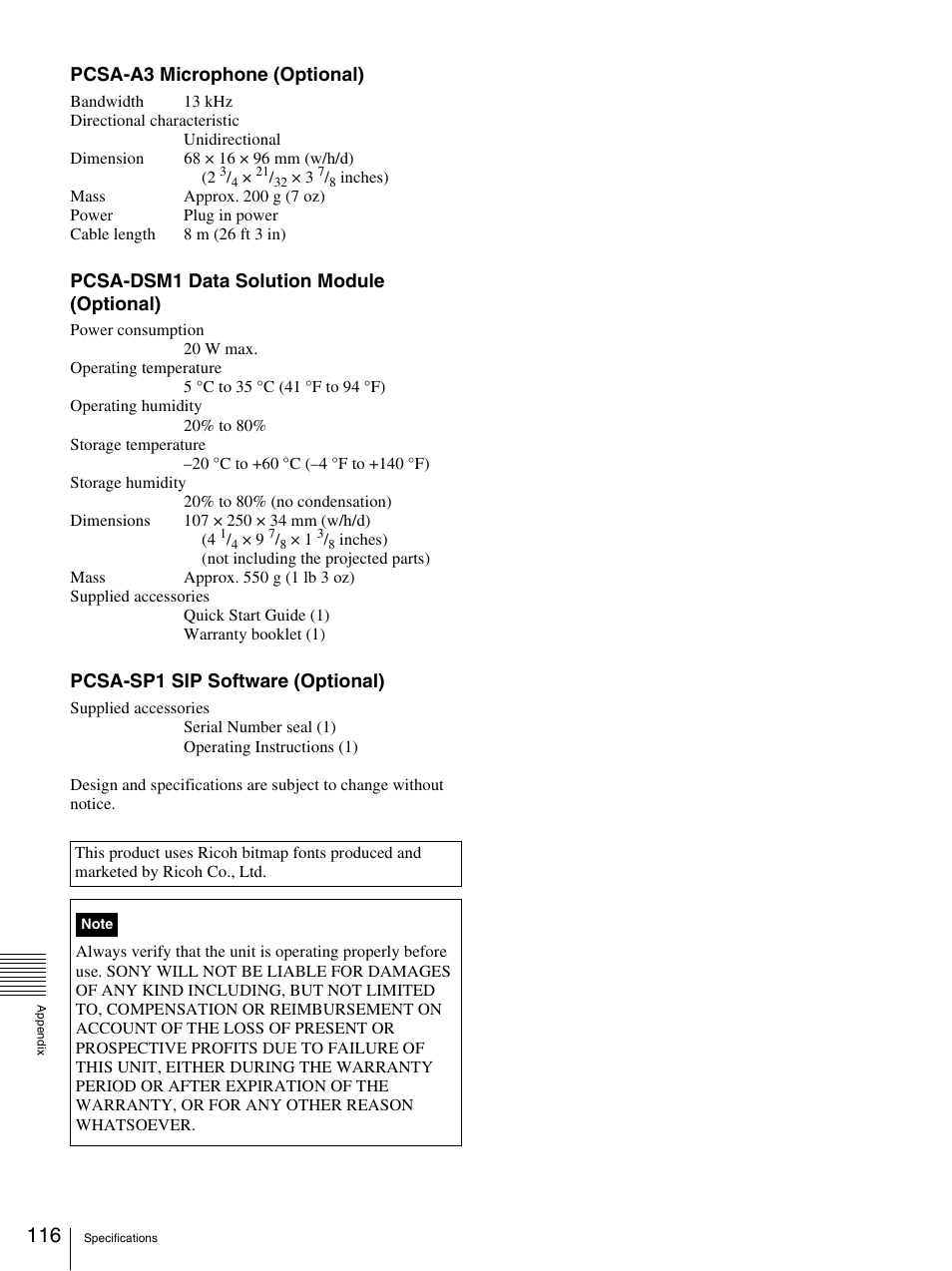 Pcsa-a3 microphone (optional), Pcsa-dsm1 data solution module (optional), Pcsa-sp1 sip software (optional) | Sony PCS-TL33 User Manual | Page 116 / 129