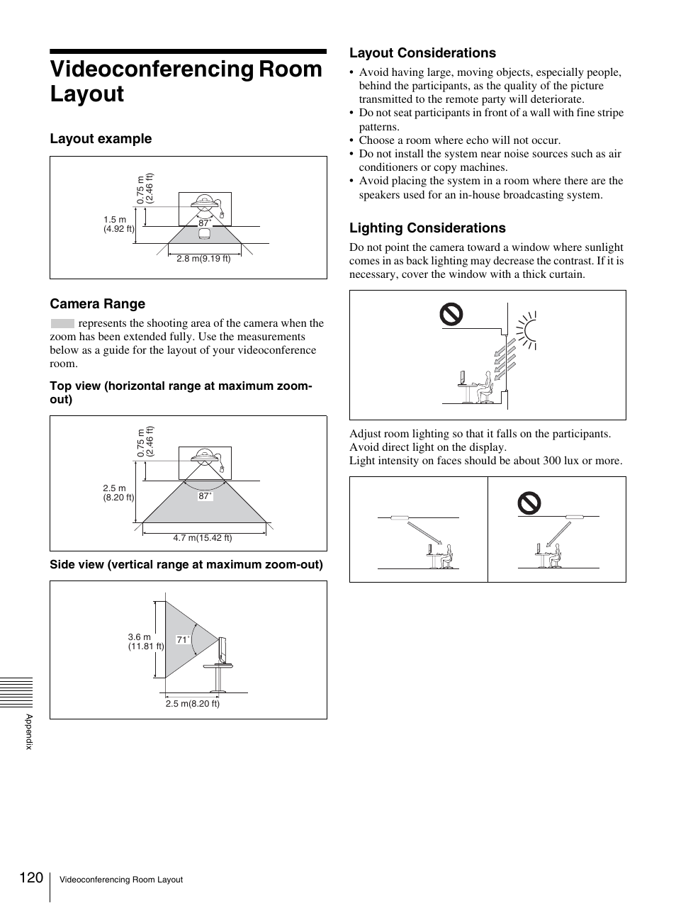 Videoconferencing room layout, Layout example camera range, Layout considerations | Lighting considerations | Sony PCS-TL33 User Manual | Page 120 / 129