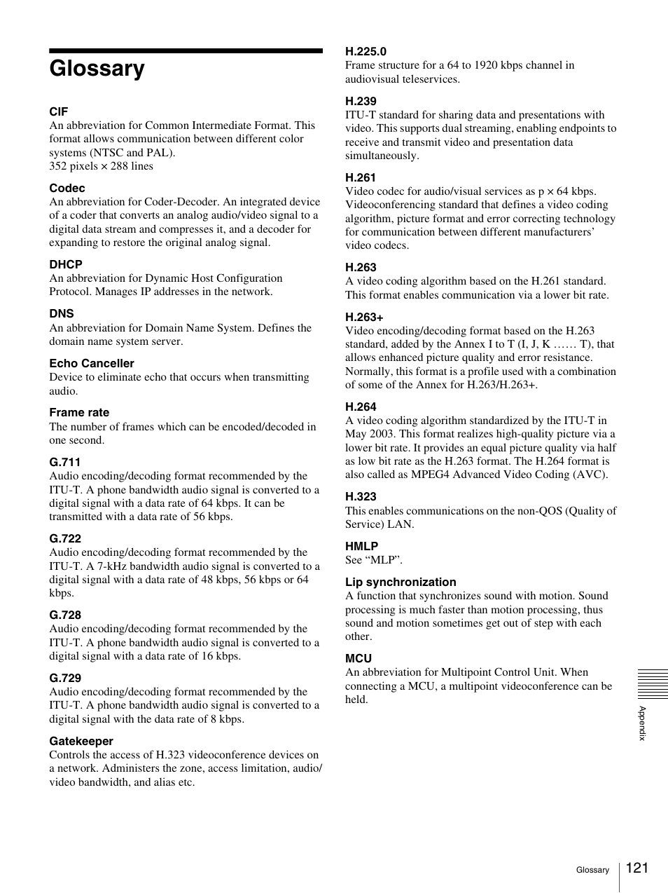 Glossary | Sony PCS-TL33 User Manual | Page 121 / 129